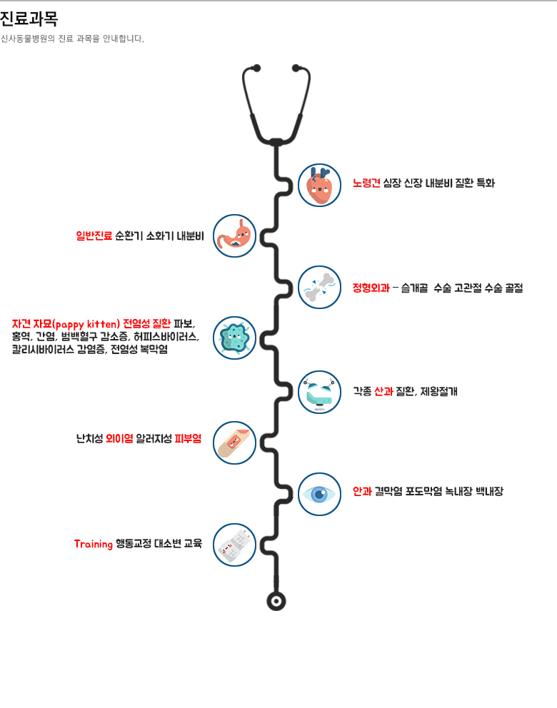 진료과목: 노령견 심장전문, 신부전 내과, 슬개골 및 고관절 수술 잘하는 정형외과